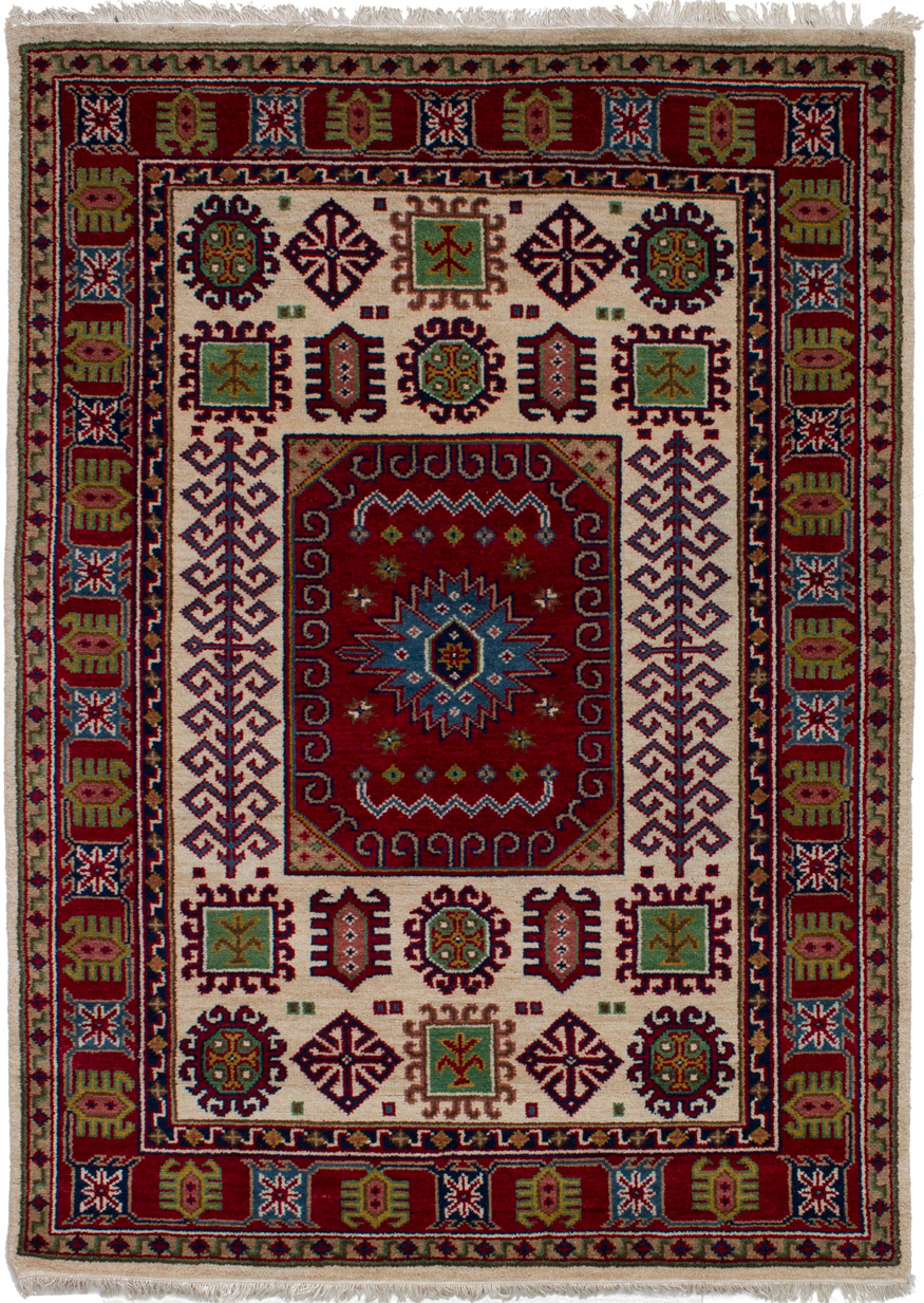 Hand-knotted Royal Kazak Cream, Red Wool Rug 4'8" x 6'5"  Size: 4'8" x 6'5"  