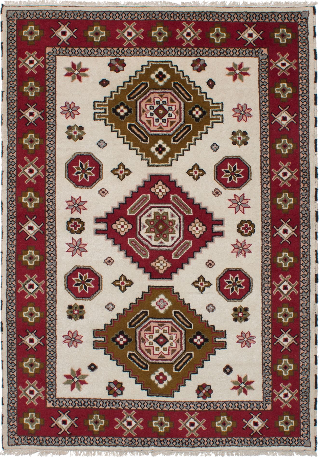 Hand-knotted Royal Kazak Cream, Red Wool Rug 5'7" x 8'1" Size: 5'7" x 8'1"  