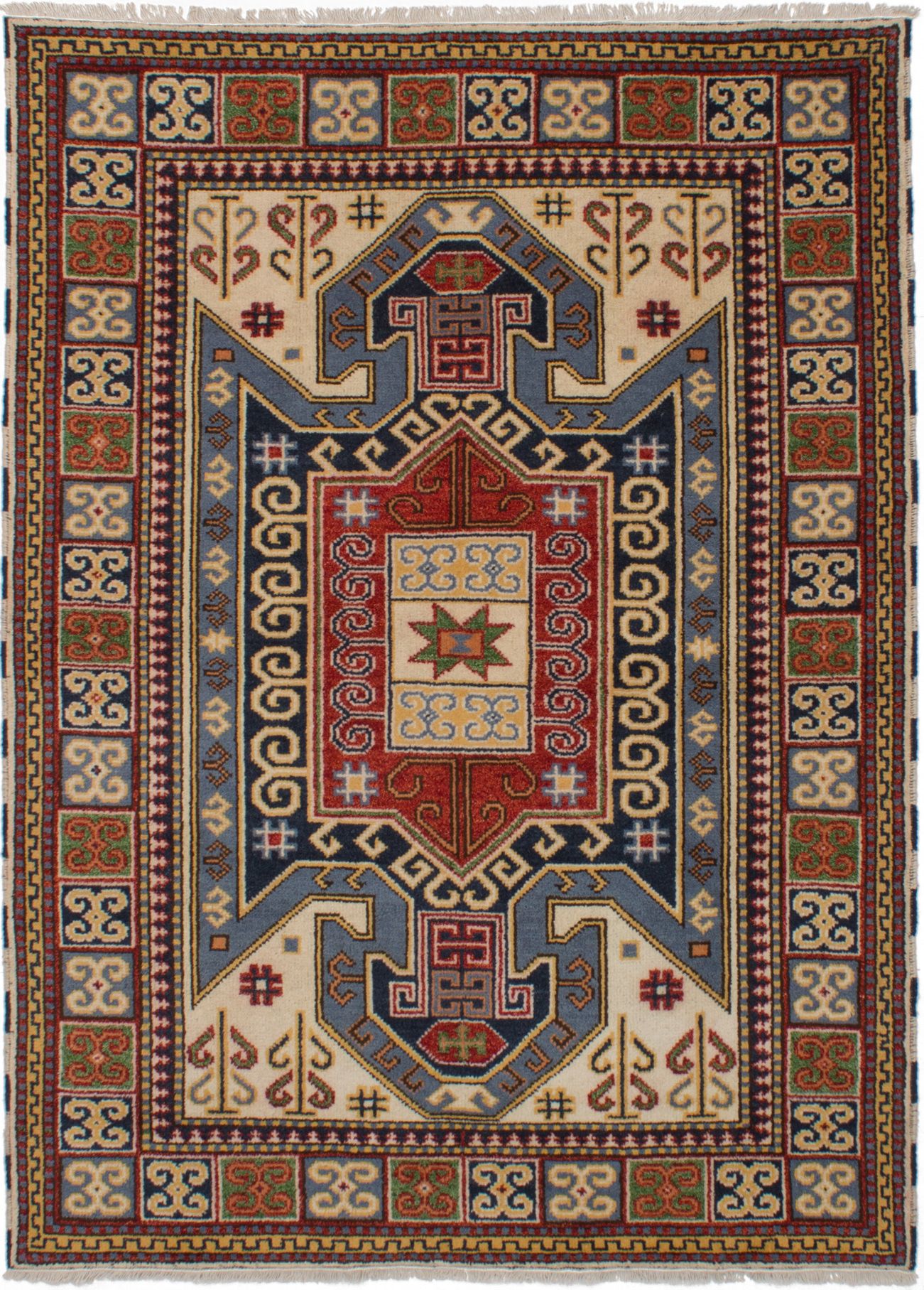 Hand-knotted Royal Kazak Cream, Red Wool Rug 5'6" x 7'9"  Size: 5'6" x 7'9"  