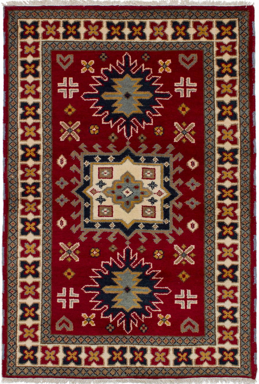 Hand-knotted Royal Kazak Red Wool Rug 4'1" x 6'0" (33) Size: 4'1" x 6'0"  
