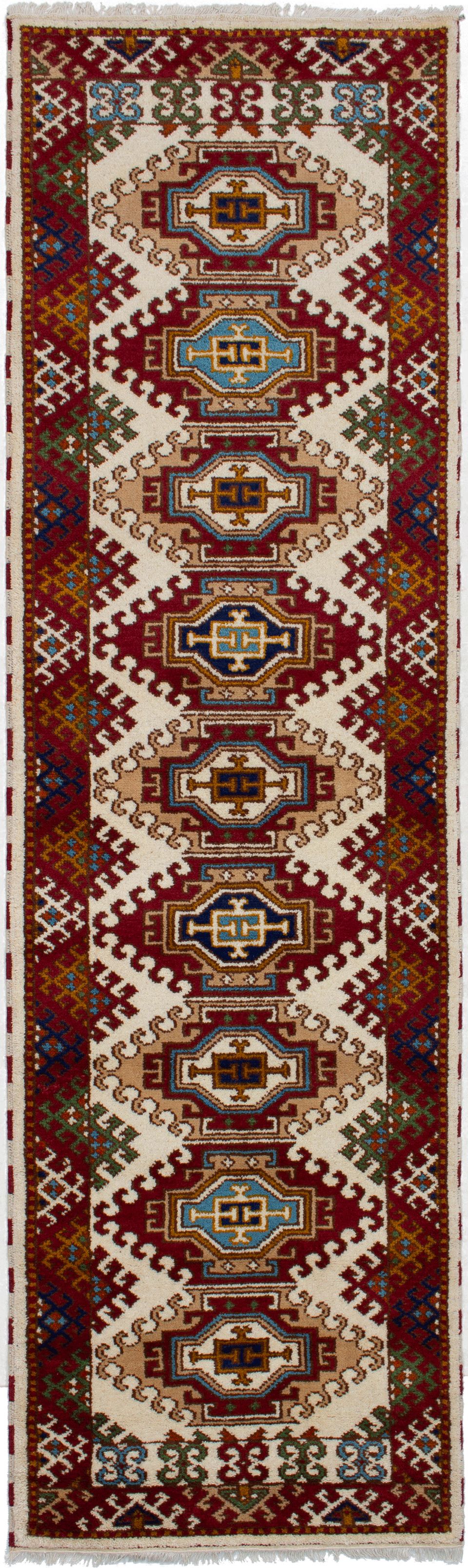 Hand-knotted Royal Kazak Cream, Red Wool Rug 2'10" x 9'11" Size: 2'10" x 9'11"  