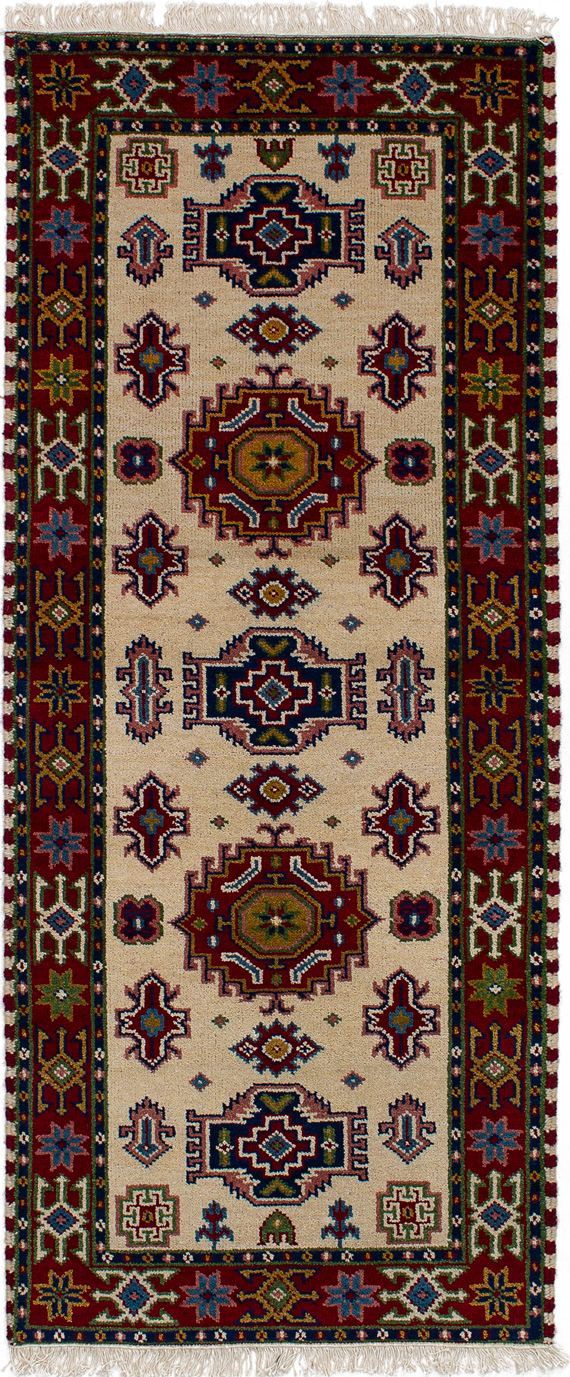 Hand-knotted Royal Kazak Cream Wool Rug 2'9" x 6'9"  Size: 2'9" x 6'9"  
