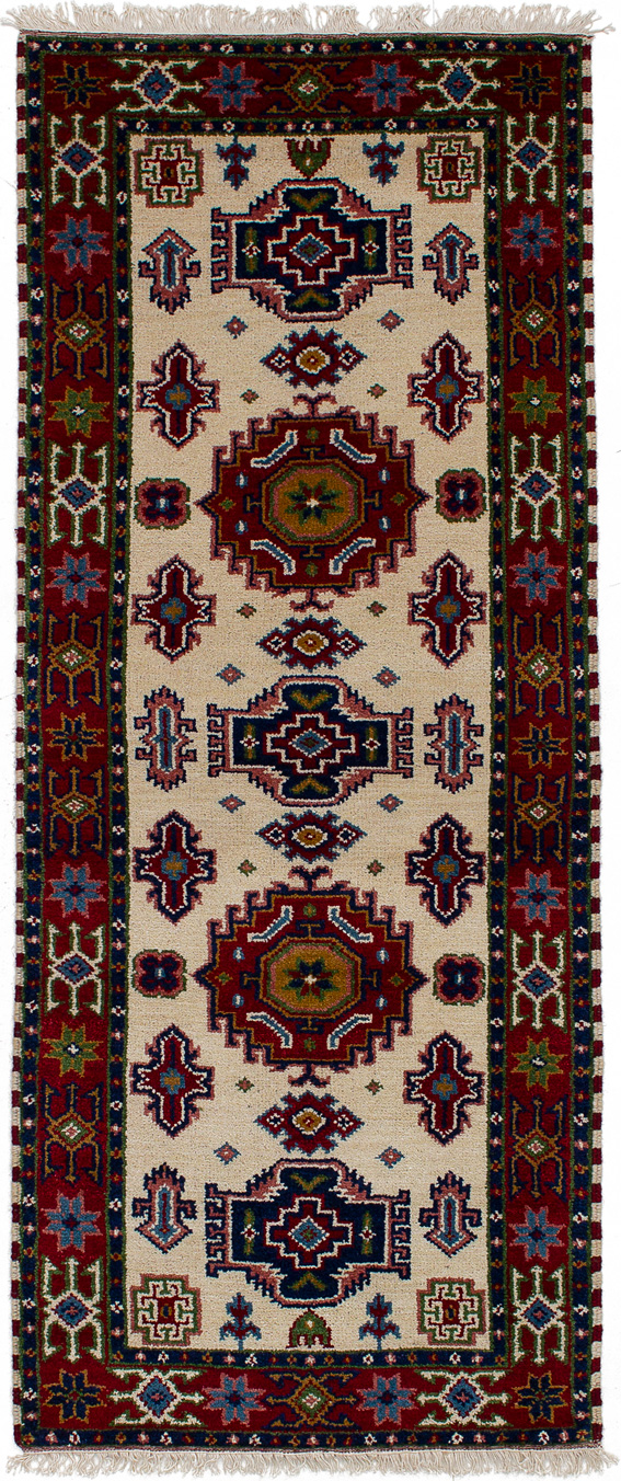 Hand-knotted Royal Kazak Cream Wool Rug 2'6" x 6'8"  Size: 2'6" x 6'8"  