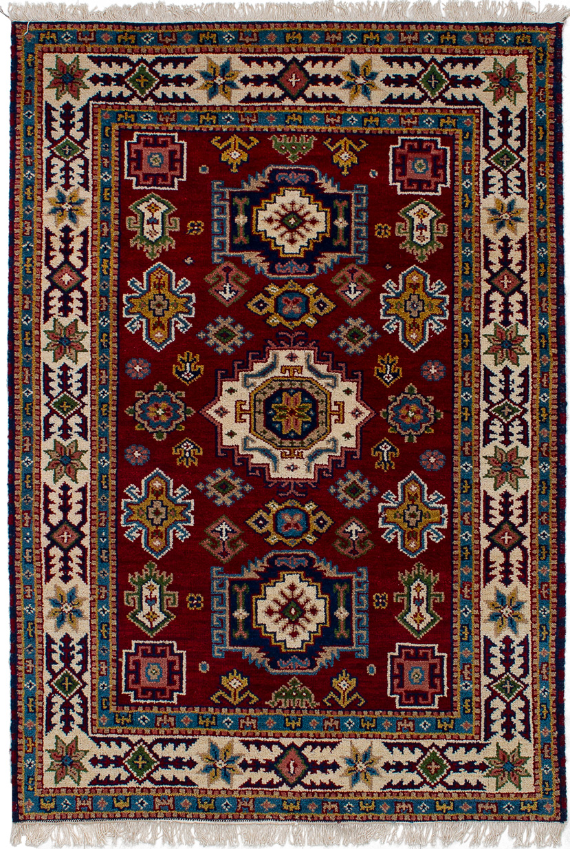 Hand-knotted Royal Kazak Dark Red Wool Rug 4'2" x 6'0"  Size: 4'2" x 6'0"  