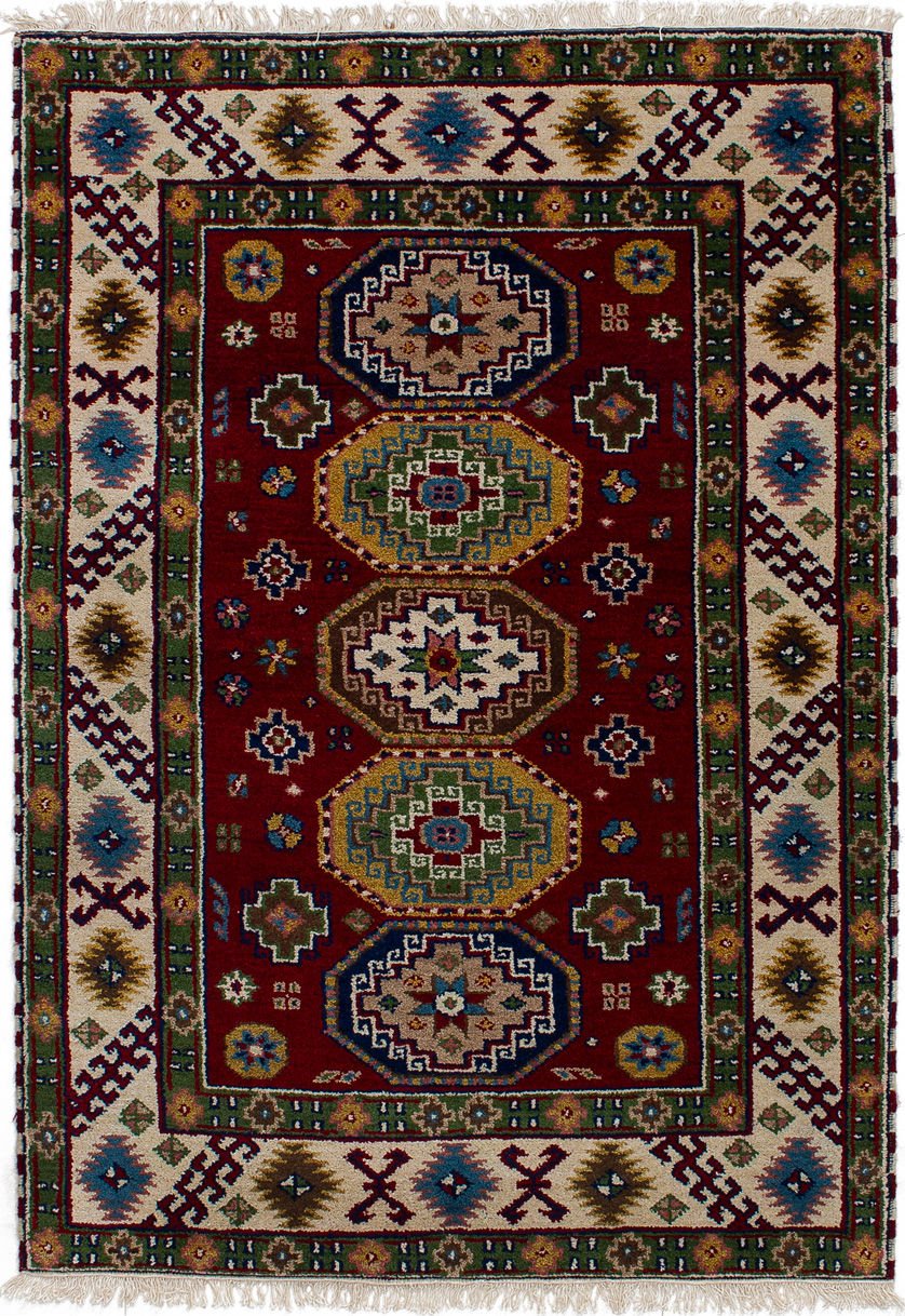 Hand-knotted Royal Kazak Dark Red, Green Wool Rug 3'11" x 5'11" Size: 3'11" x 5'11"  