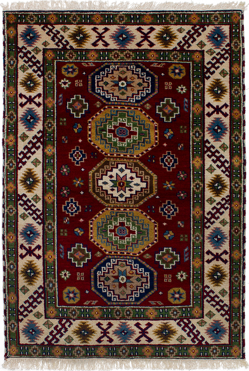 Hand-knotted Royal Kazak Dark Red, Green Wool Rug 4'0" x 6'0" Size: 4'0" x 6'0"  