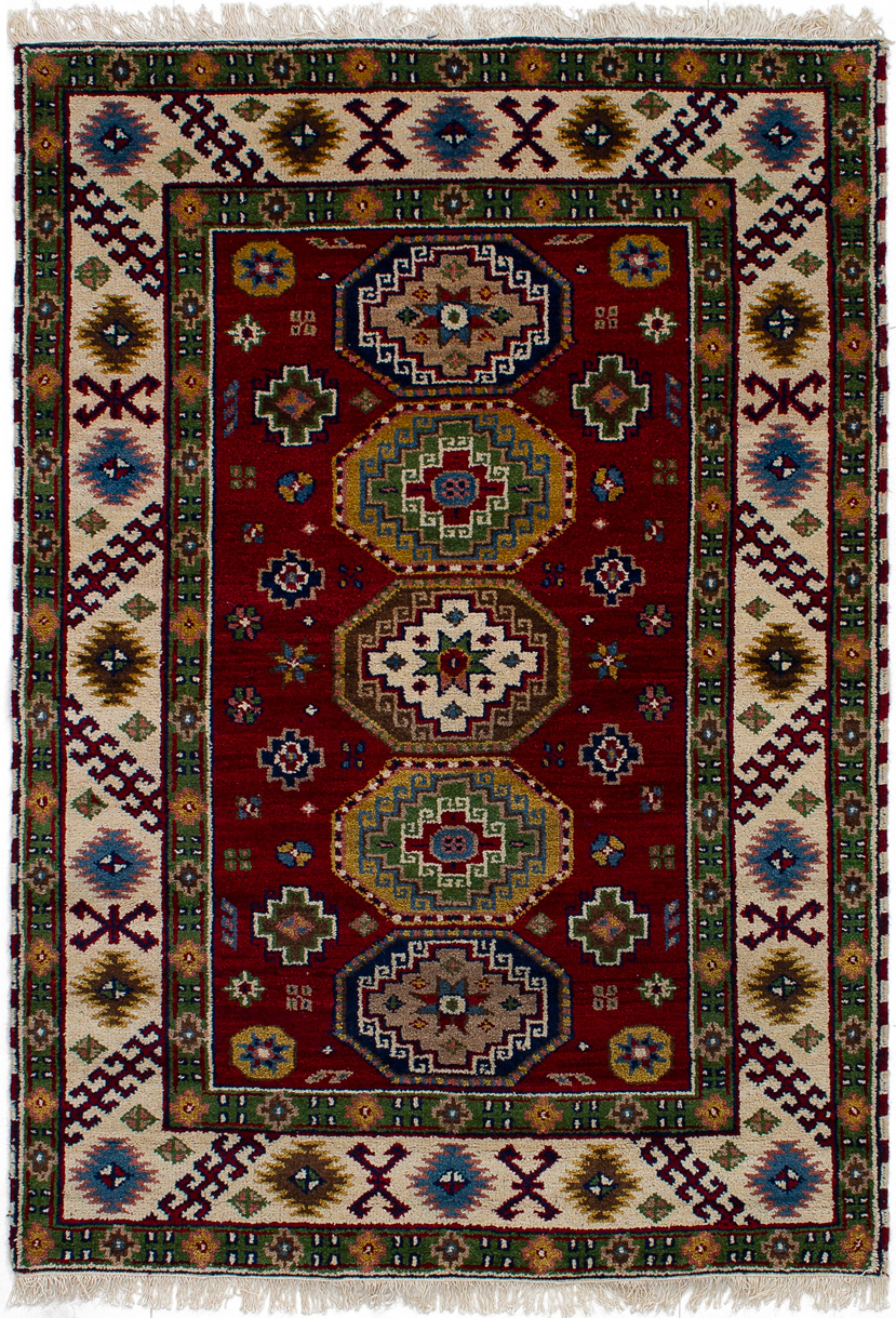 Hand-knotted Royal Kazak Dark Red, Green Wool Rug 4'1" x 5'11"  Size: 4'1" x 5'11"  