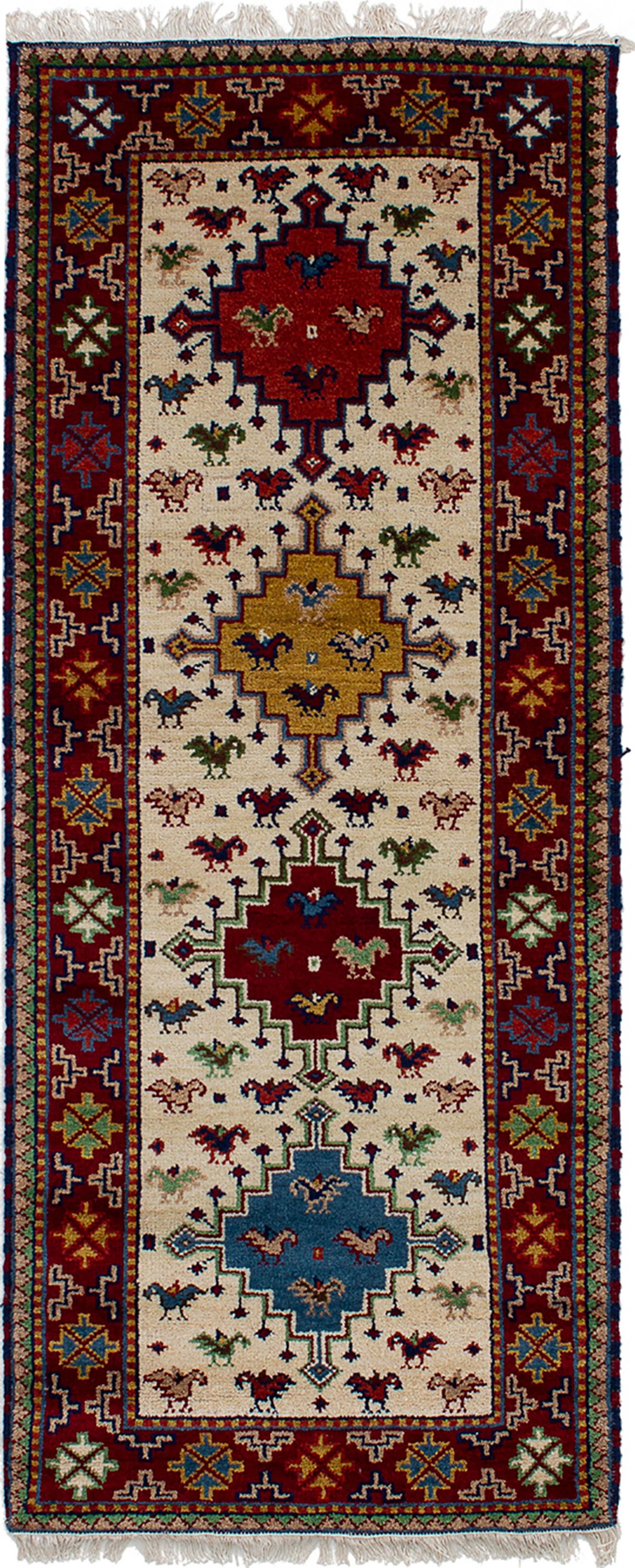 Hand-knotted Royal Kazak Cream Wool Rug 2'8" x 6'8"  Size: 2'8" x 6'8"  