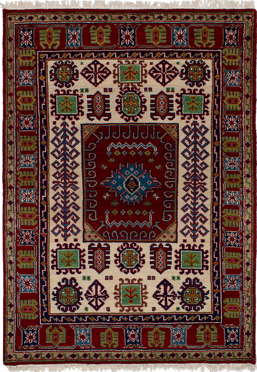 Hand-knotted Finest Kazak Cream, Dark Red Wool Rug 4'5" x 6'4" Size: 4'5" x 6'4"  