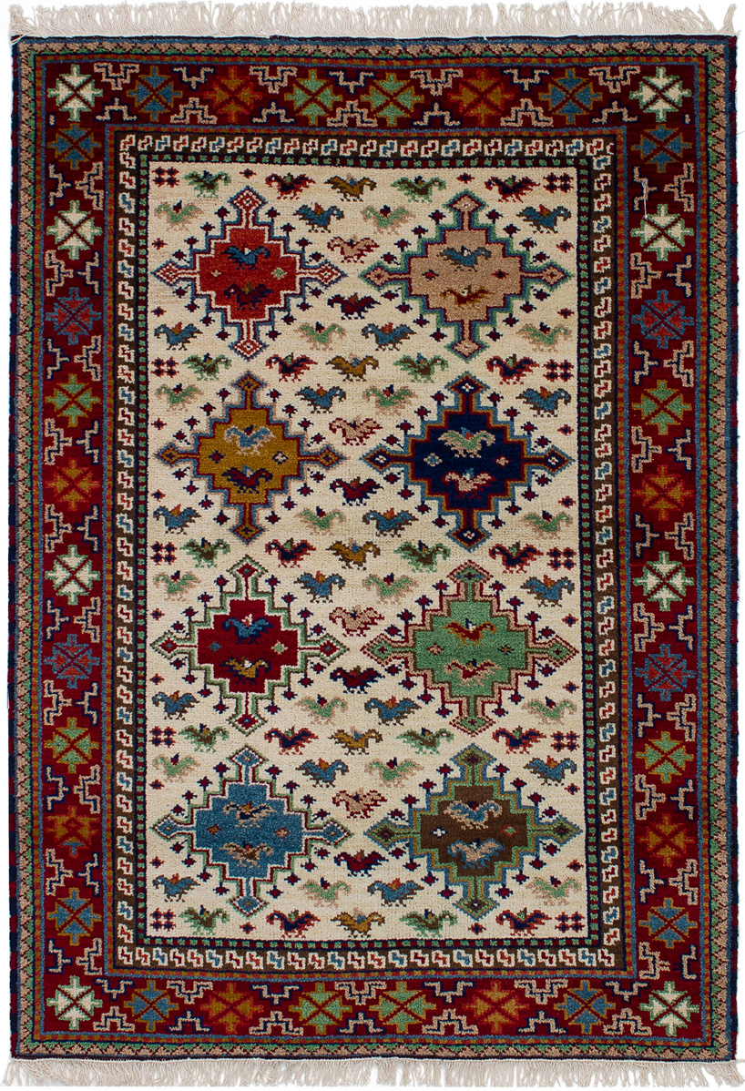 Hand-knotted Royal Kazak Cream, Red Wool Rug 4'1" x 5'10"  Size: 4'1" x 5'10"  
