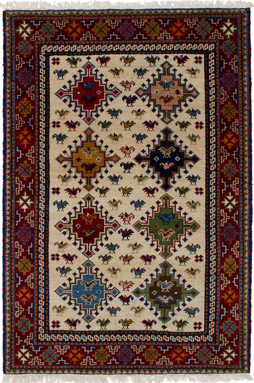 Hand-knotted Royal Kazak Cream, Red Wool Rug 3'11" x 5'11"  Size: 3'11" x 5'11"  