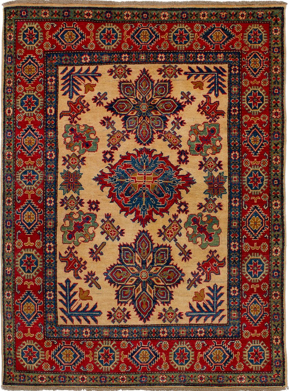 Hand-knotted Finest Gazni Cream, Red Wool Rug 5'0" x 6'8"  Size: 5'0" x 6'8"  