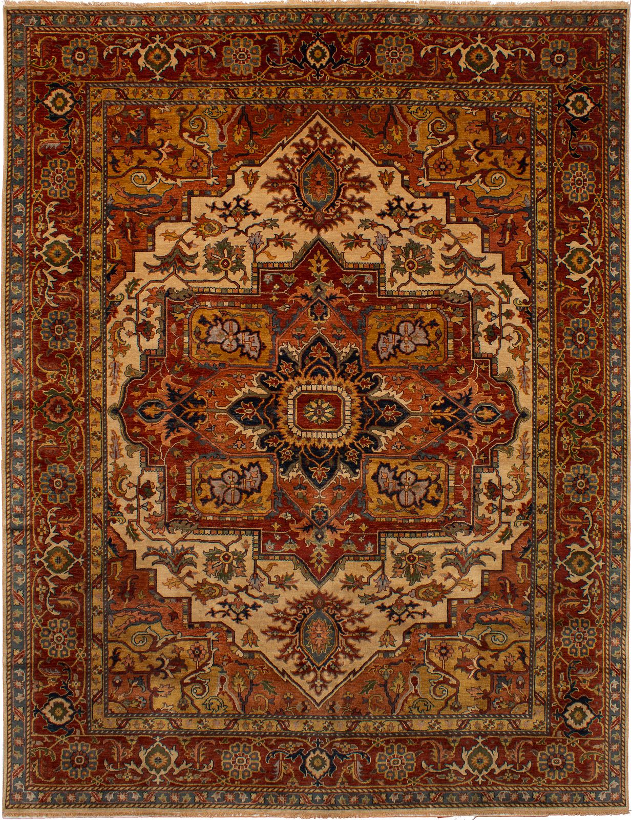 Hand-knotted Jules-Sultane Dark Red, Ivory Wool Rug 9'0" x 11'10" Size: 9'0" x 11'10"  