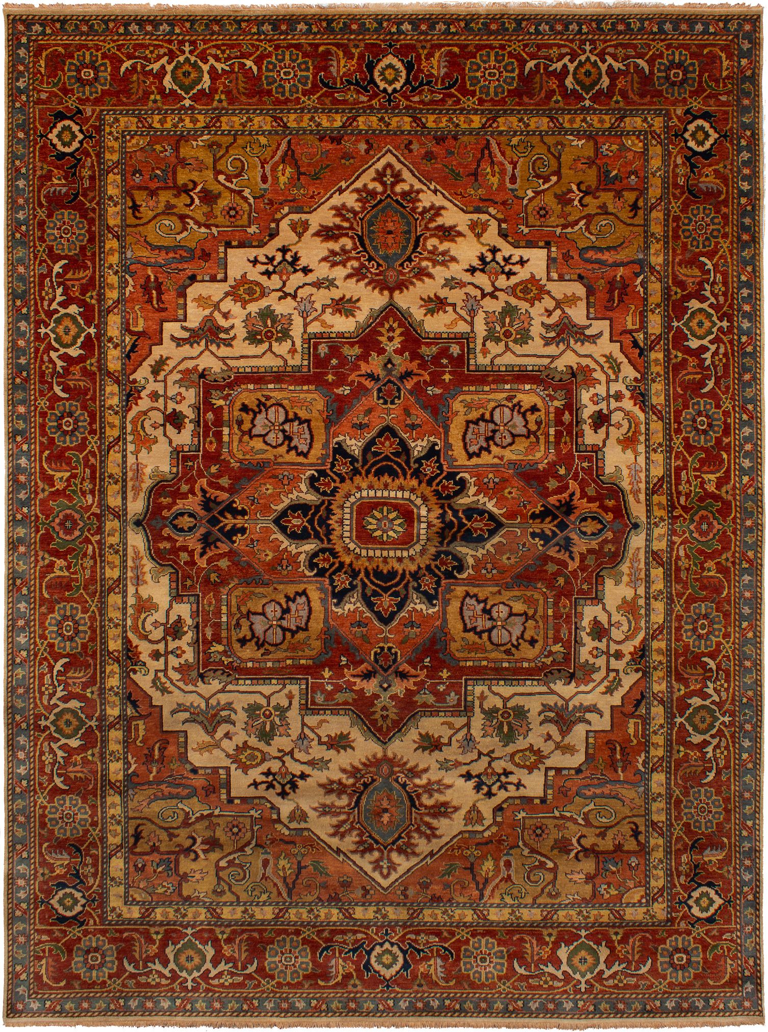 Hand-knotted Jules-Sultane Dark Red, Ivory Wool Rug 9'0" x 12'1" Size: 9'0" x 12'1"  