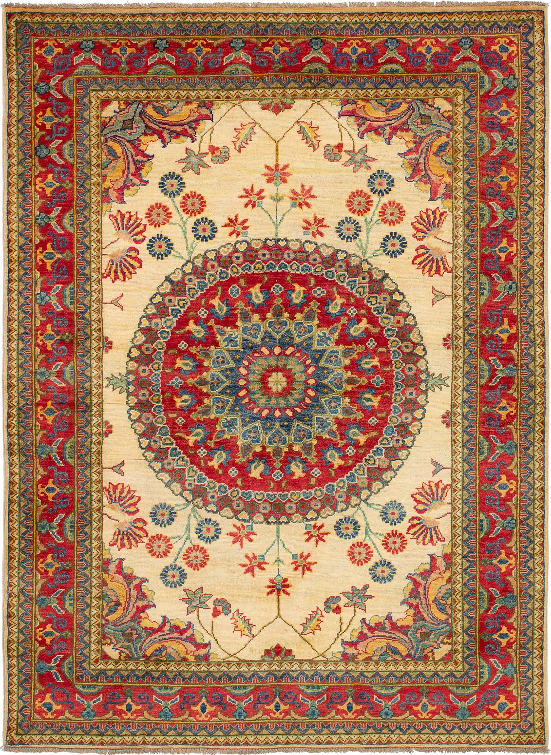 Hand-knotted Finest Gazni Cream, Red Wool Rug 5'0" x 6'10" Size: 5'0" x 6'10"  