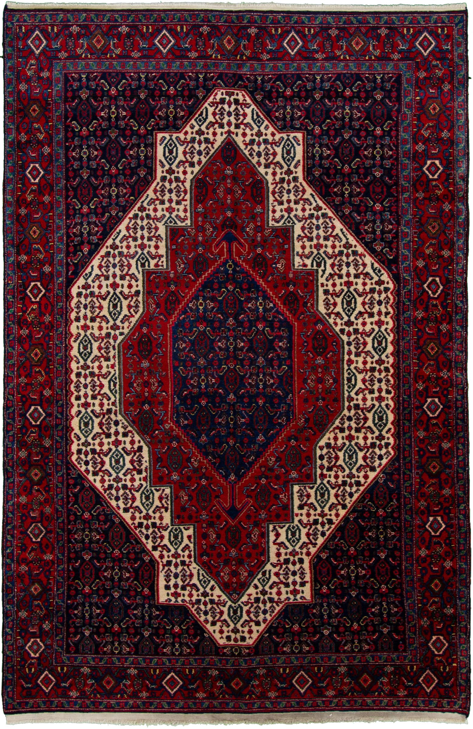 Hand-knotted Senneh Dark Navy, Red Wool Rug 4'9" x 7'5" Size: 4'9" x 7'5"  