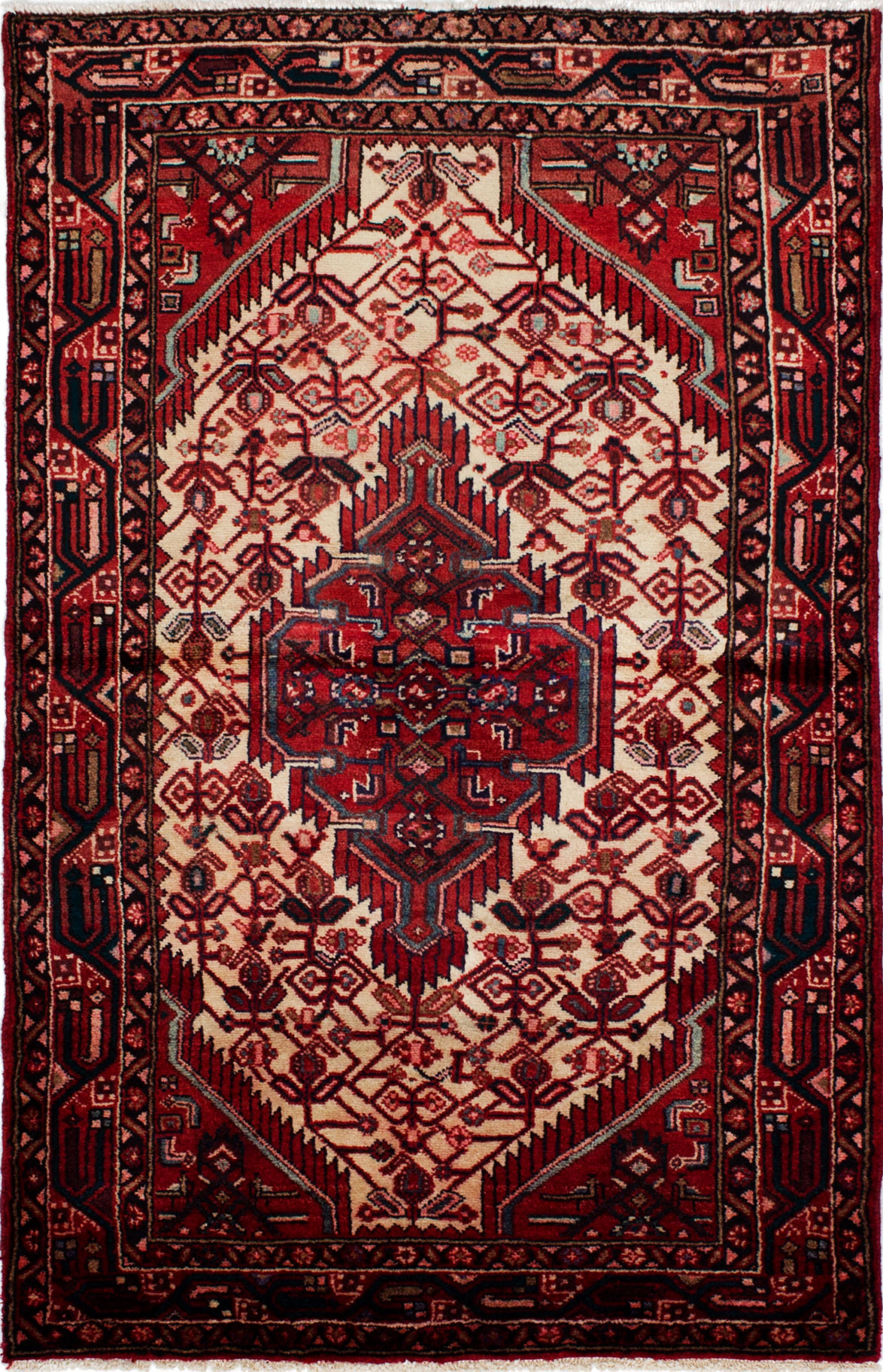 Hand-knotted Hamadan Cream, Red Wool Rug 3'6" x 5'4" Size: 3'6" x 5'4"  