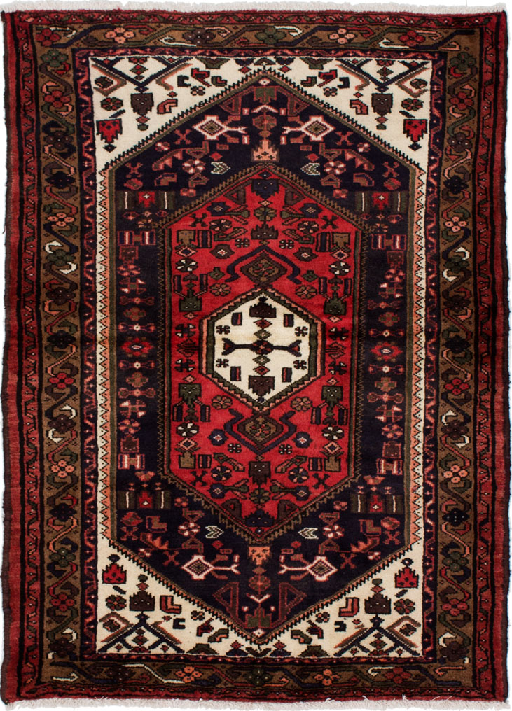 Hand-knotted Hamadan Dark Navy, Red Wool Rug 3'6" x 4'10" Size: 3'6" x 4'10"  