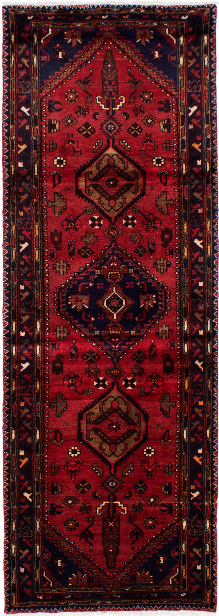 Hand-knotted Hamadan Red Wool Rug 3'4" x 9'8"  Size: 3'4" x 9'8"  