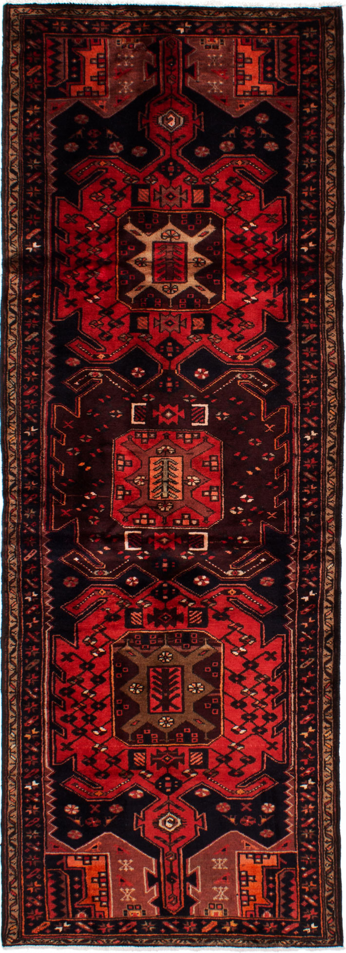 Hand-knotted Hamadan Dark Navy, Red Wool Rug 3'5" x 9'7" Size: 3'5" x 9'7"  