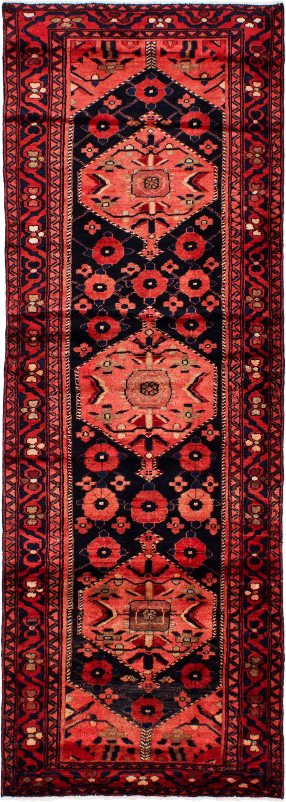 Hand-knotted Hamadan Dark Navy, Red Wool Rug 3'6" x 9'8" Size: 3'6" x 9'8"  