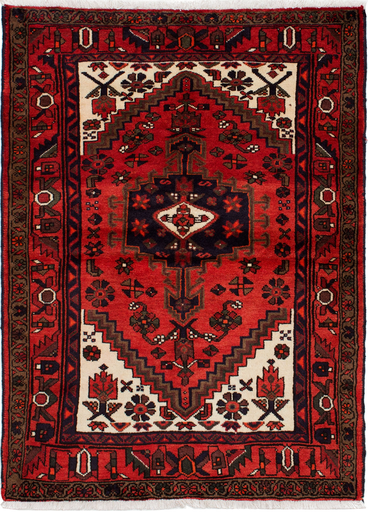 Hand-knotted Hamadan Red Wool Rug 3'7" x 4'11"  Size: 3'7" x 4'11"  
