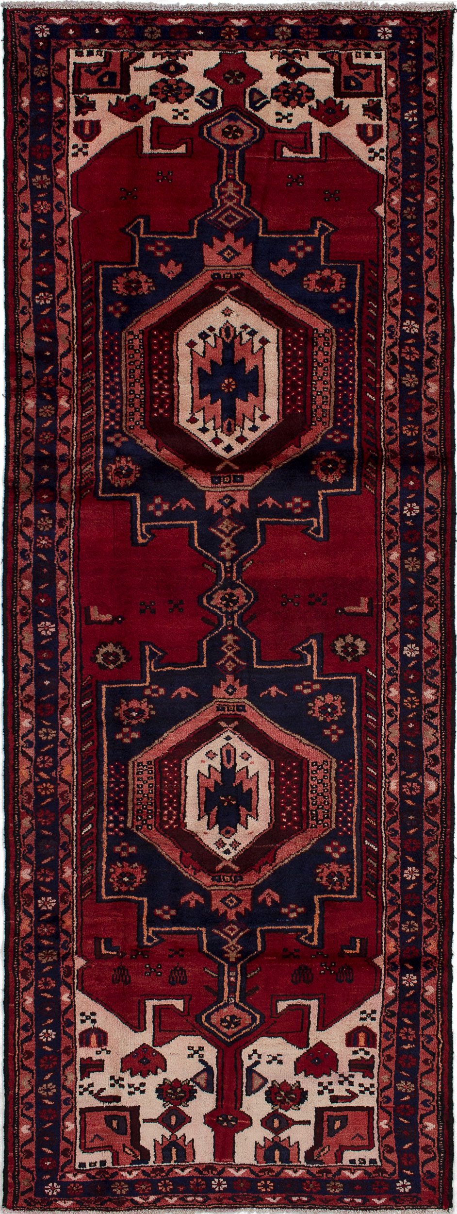 Hand-knotted Hamadan Dark Navy, Red Wool Rug 3'6" x 9'9" Size: 3'6" x 9'9"  