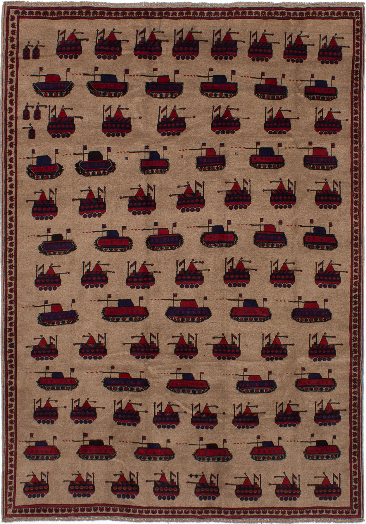 Hand-knotted Rare War Tan Wool Rug 6'10" x 9'5" Size: 6'10" x 9'5"  