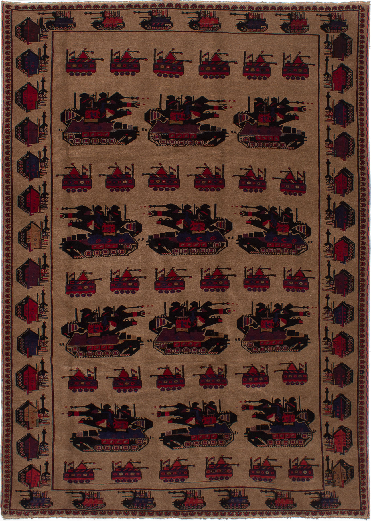 Hand-knotted Rare War Tan Wool Rug 6'11" x 9'10" Size: 6'11" x 9'10"  