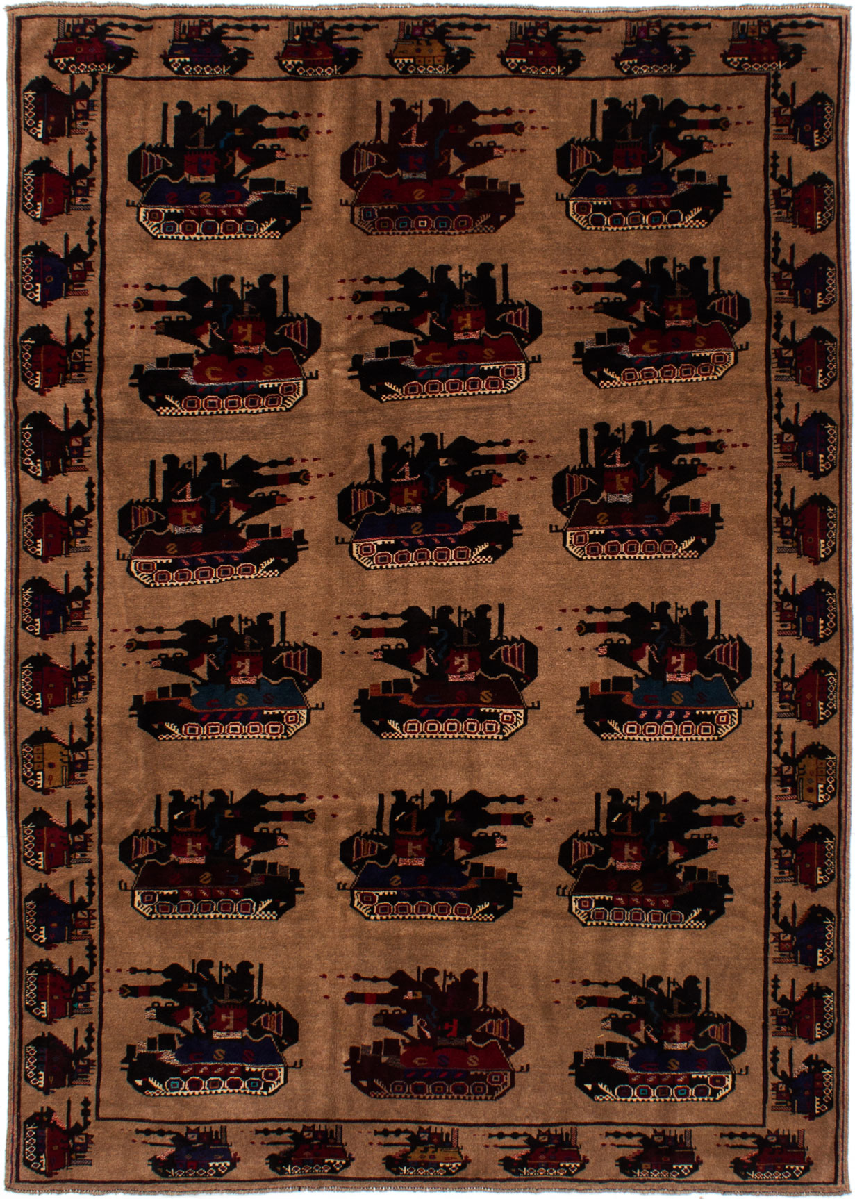 Hand-knotted Rare War Tan Wool Rug 6'6" x 9'3" Size: 6'6" x 9'3"  