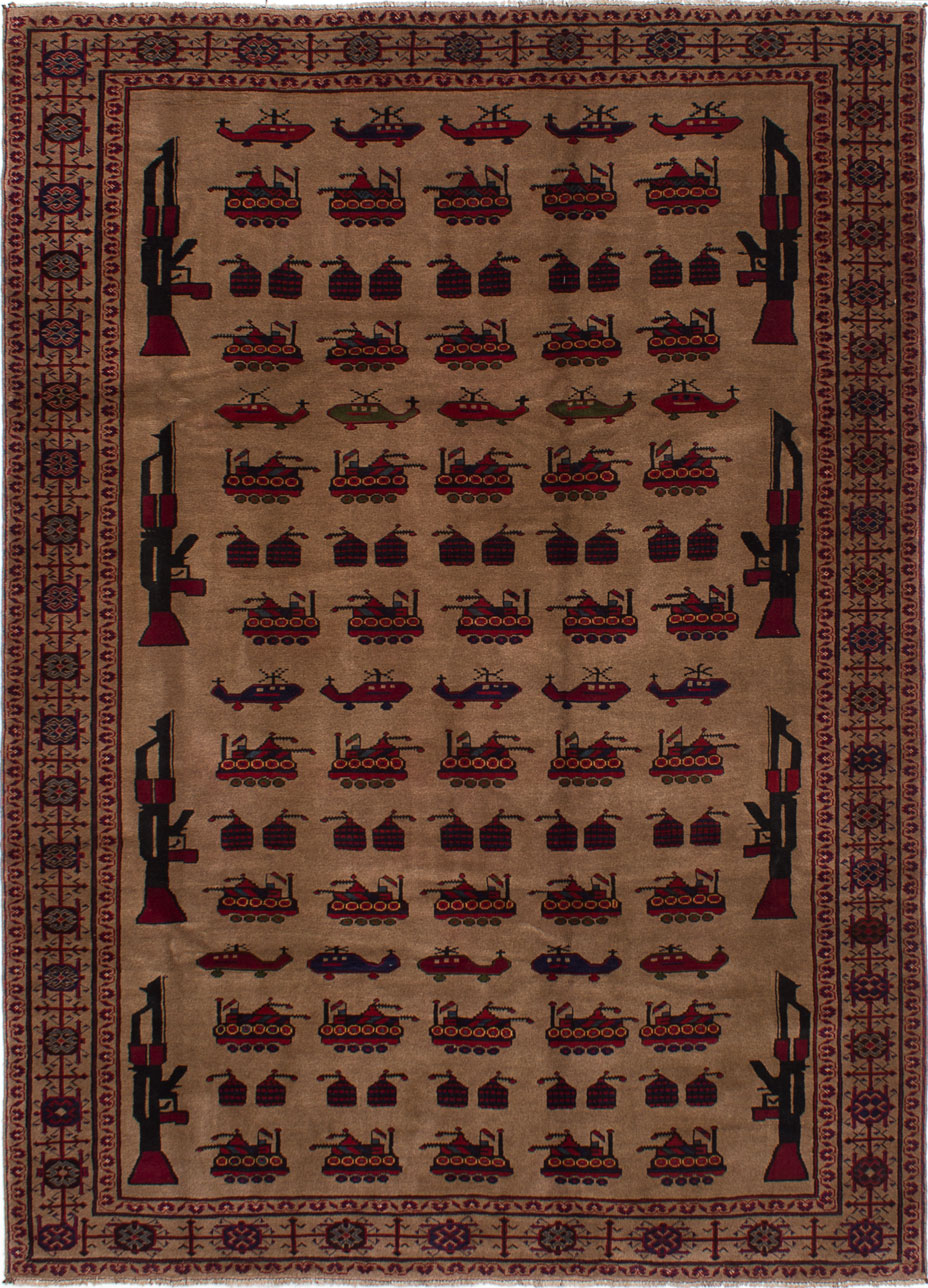 Hand-knotted Rare War Tan Wool Rug 6'10" x 9'5"  Size: 6'10" x 9'5"  