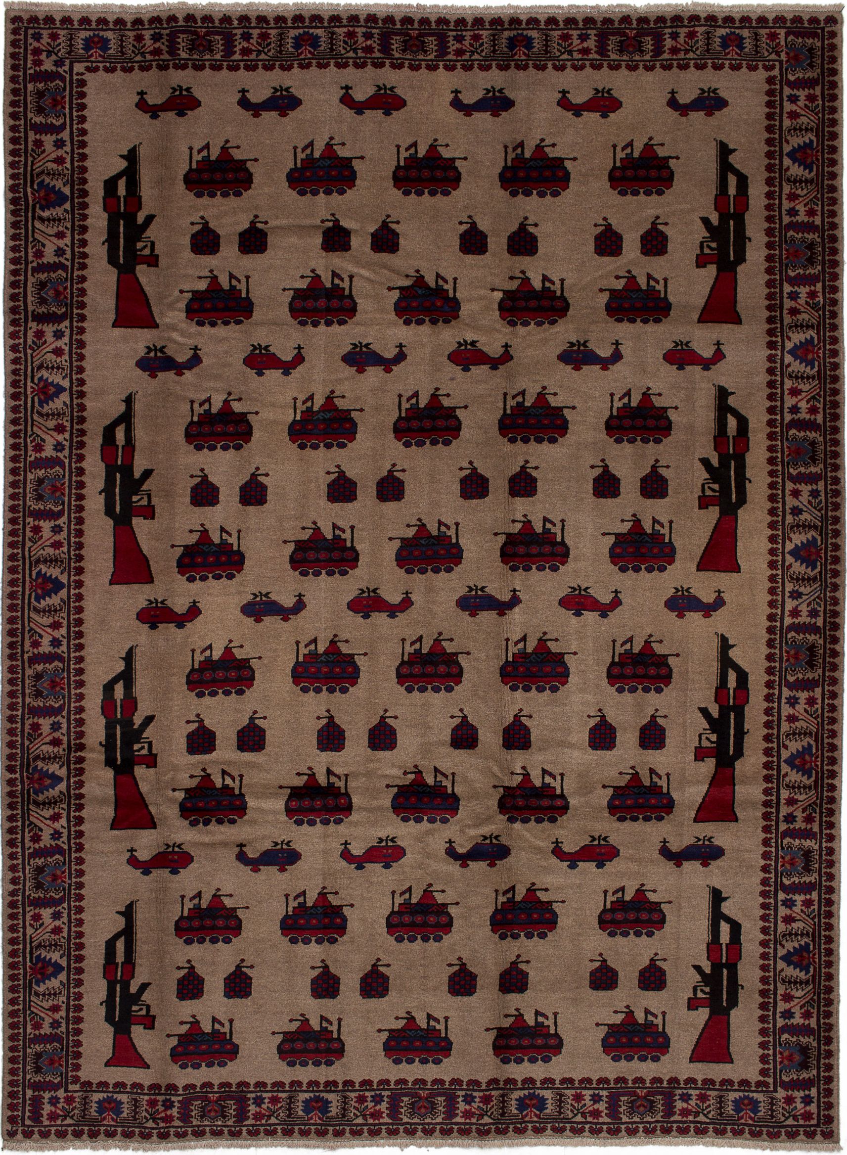 Hand-knotted Rare War Red, Tan Wool Rug 6'11" x 9'4" Size: 6'11" x 9'4"  