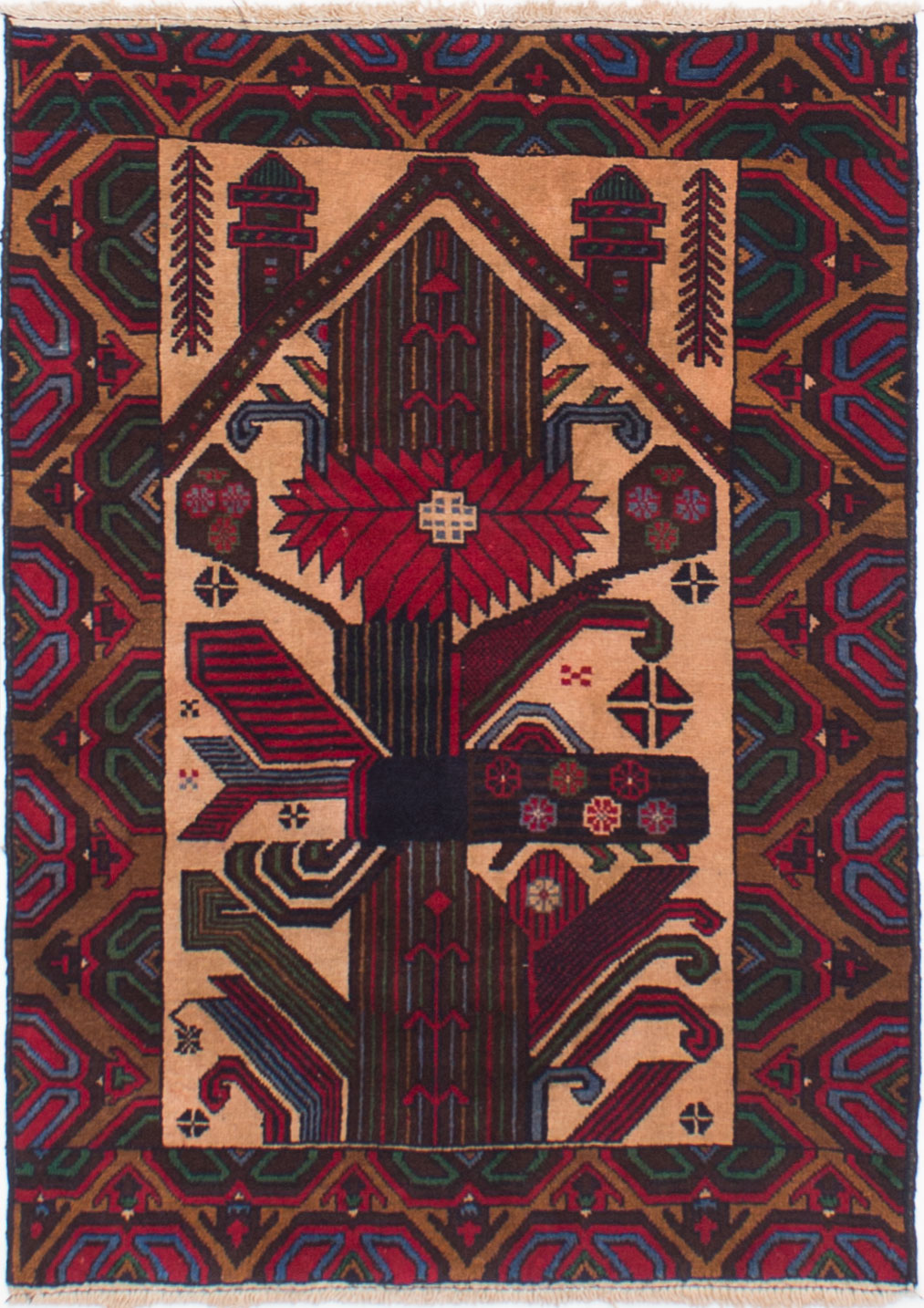 Hand-knotted Finest Rizbaft Dark Red, Tan Wool Rug 2'10" x 4'3" Size: 2'10" x 4'3"  