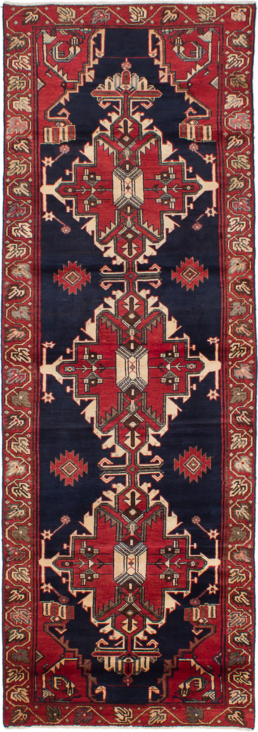 Hand-knotted Hamadan Dark Navy, Red Wool Rug 3'6" x 10'0"  Size: 3'6" x 10'0"  