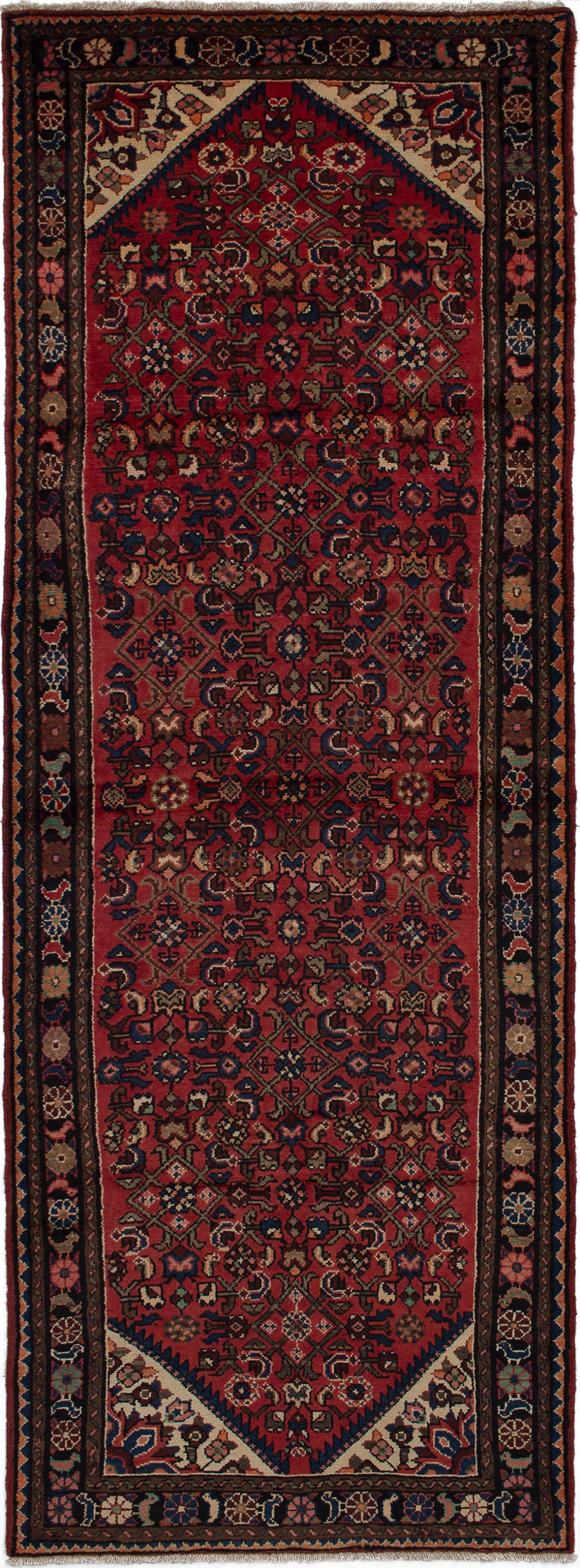 Hand-knotted Hosseinabad Red Wool Rug 3'8" x 10'6"  Size: 3'8" x 10'6"  