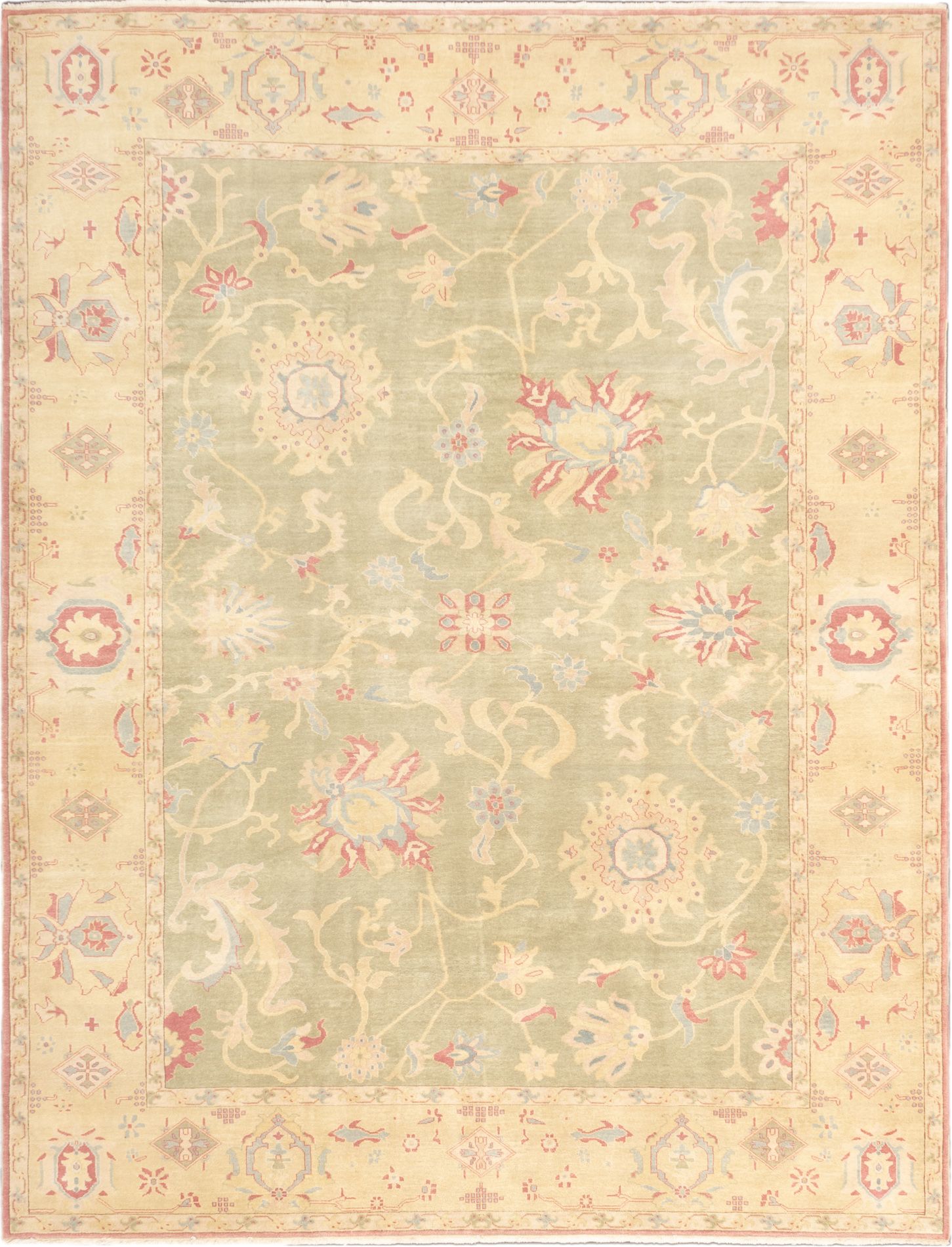 Hand-knotted Authentic Ushak Light Green Wool Rug 9'2" x 11'11" Size: 9'2" x 11'11"  