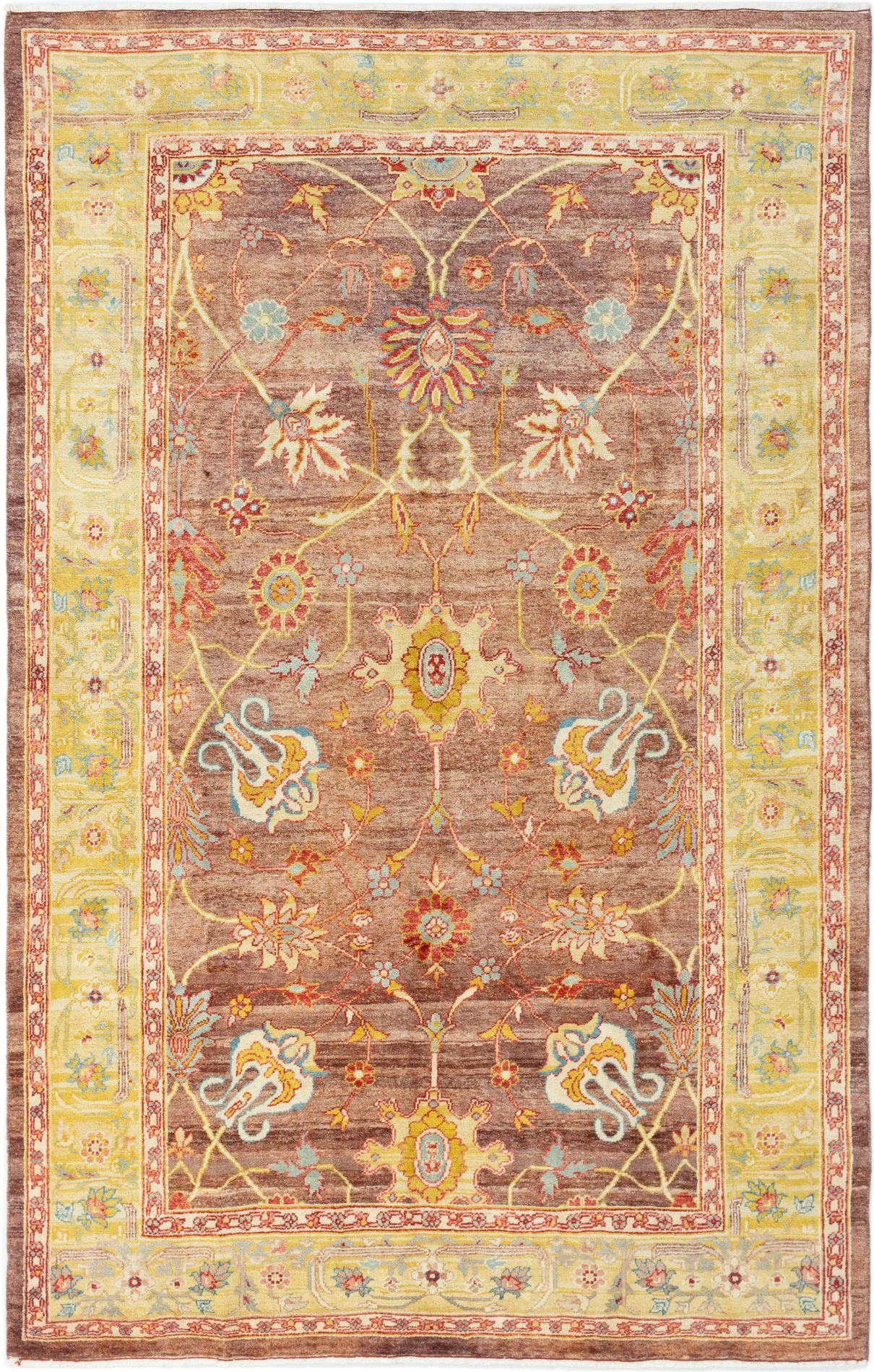 Hand-knotted Authentic Ushak Dark Brown Wool Rug 5'8" x 8'10" Size: 5'8" x 8'10"  