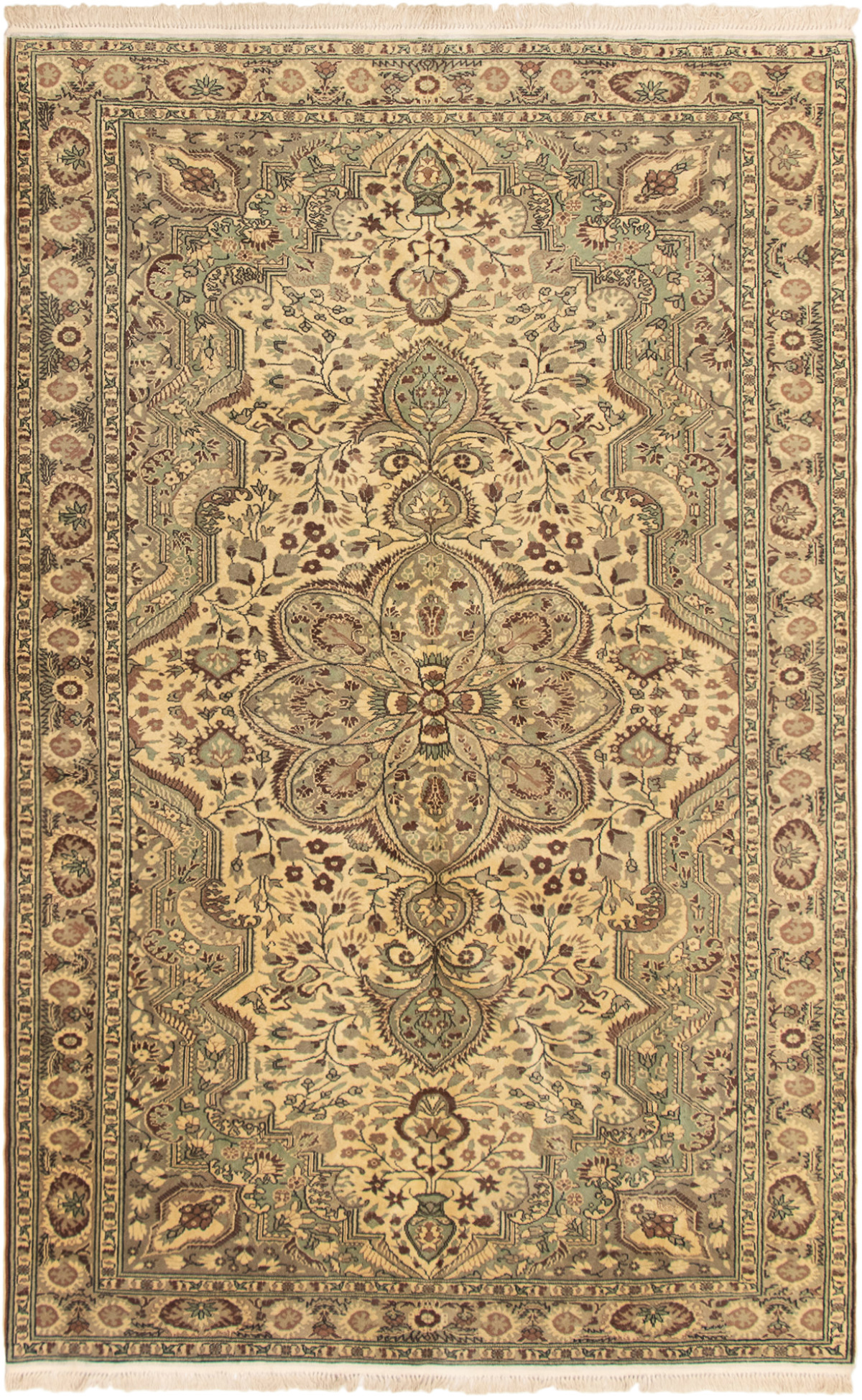 Hand-knotted Hereke Ivory, Teal Wool Rug 6'8" x 10'8" Size: 6'8" x 10'8"  