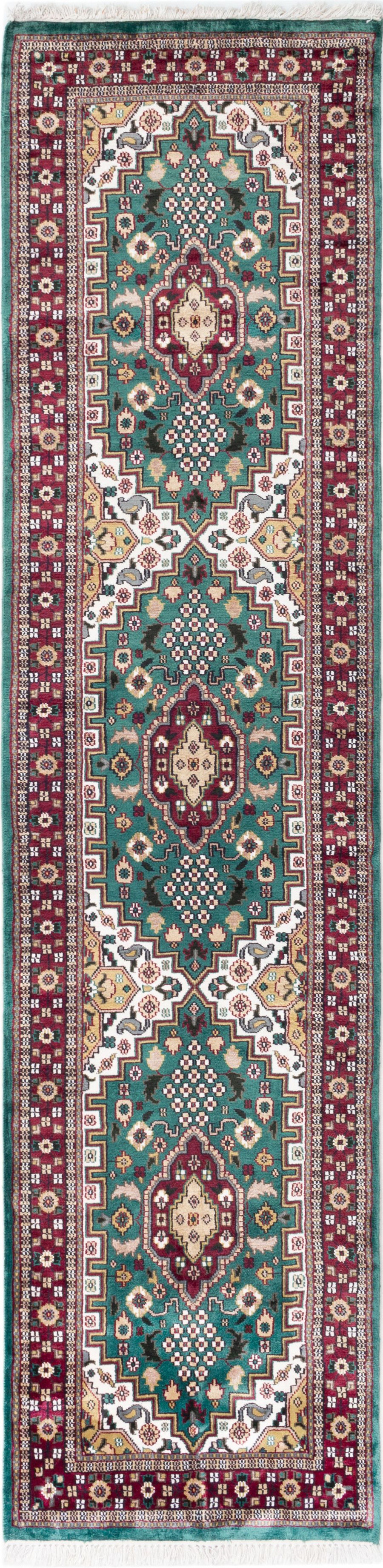 Hand-knotted Kashmir Teal Silk Rug 2'6" x 10'3" Size: 2'6" x 10'3"  