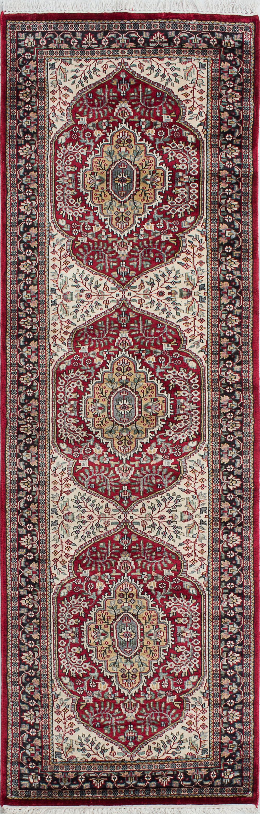 Hand-knotted Kashmir Cream, Red Silk Rug 2'7" x 8'2" Size: 2'7" x 8'2"  