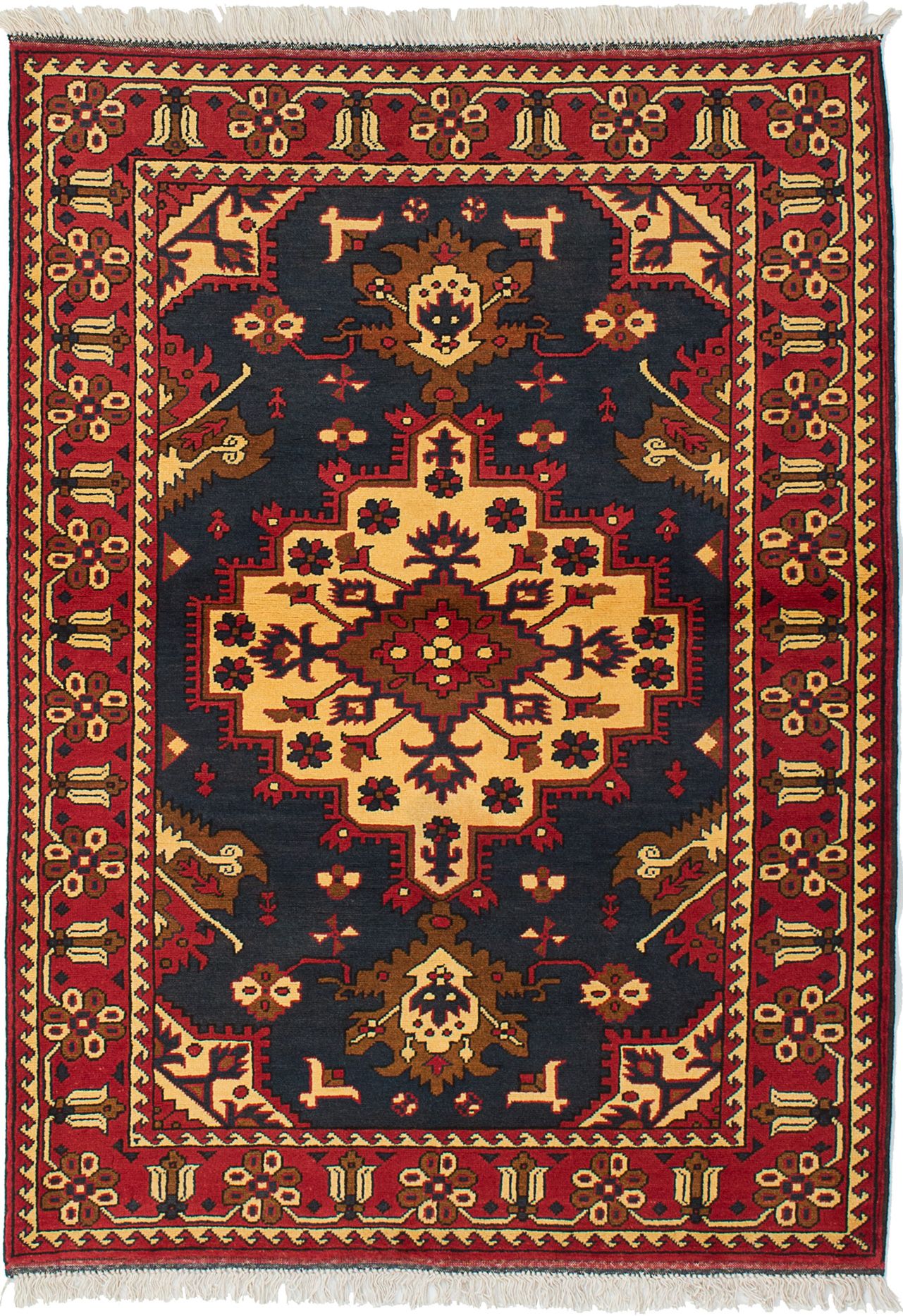 Hand-knotted Finest Kargahi Dark Navy Wool Rug 4'0" x 5'7" Size: 4'0" x 5'7"  