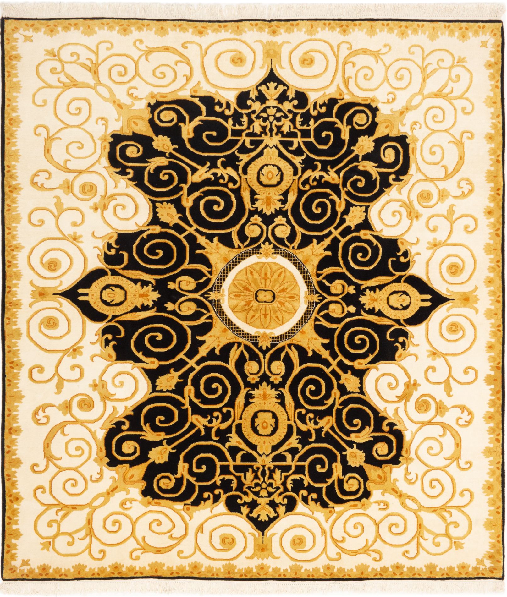 Hand-knotted Royal Kashan Black, Cream Wool Rug 8'4" x 9'5" Size: 8'4" x 9'5"  