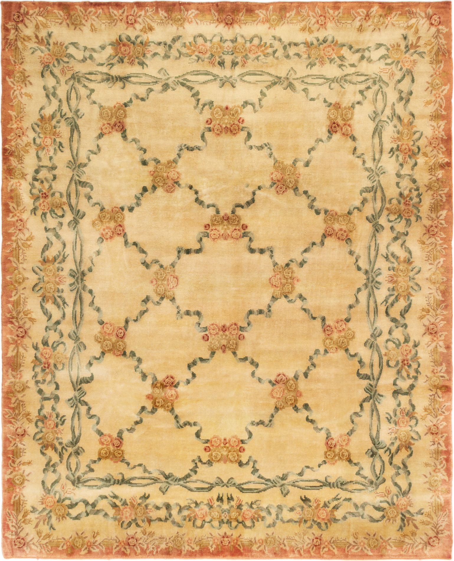 Hand-knotted Savonnerie Ivory Wool Rug 8'1" x 9'9" Size: 8'1" x 9'9"  