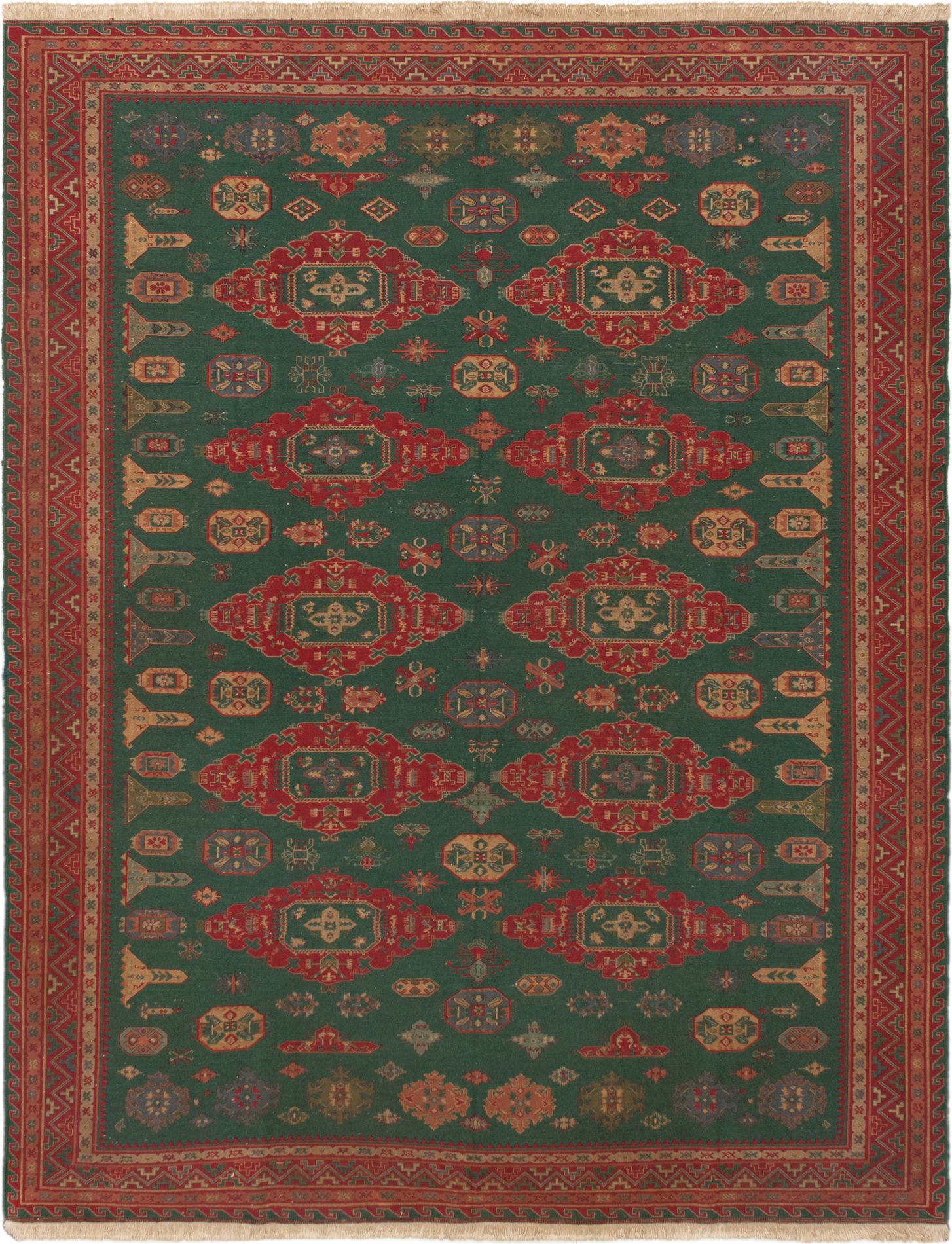 Hand woven Dynasty Dark Green Wool Tapestry Kilim 9'2" x 11'4" Size: 9'2" x 11'4"  