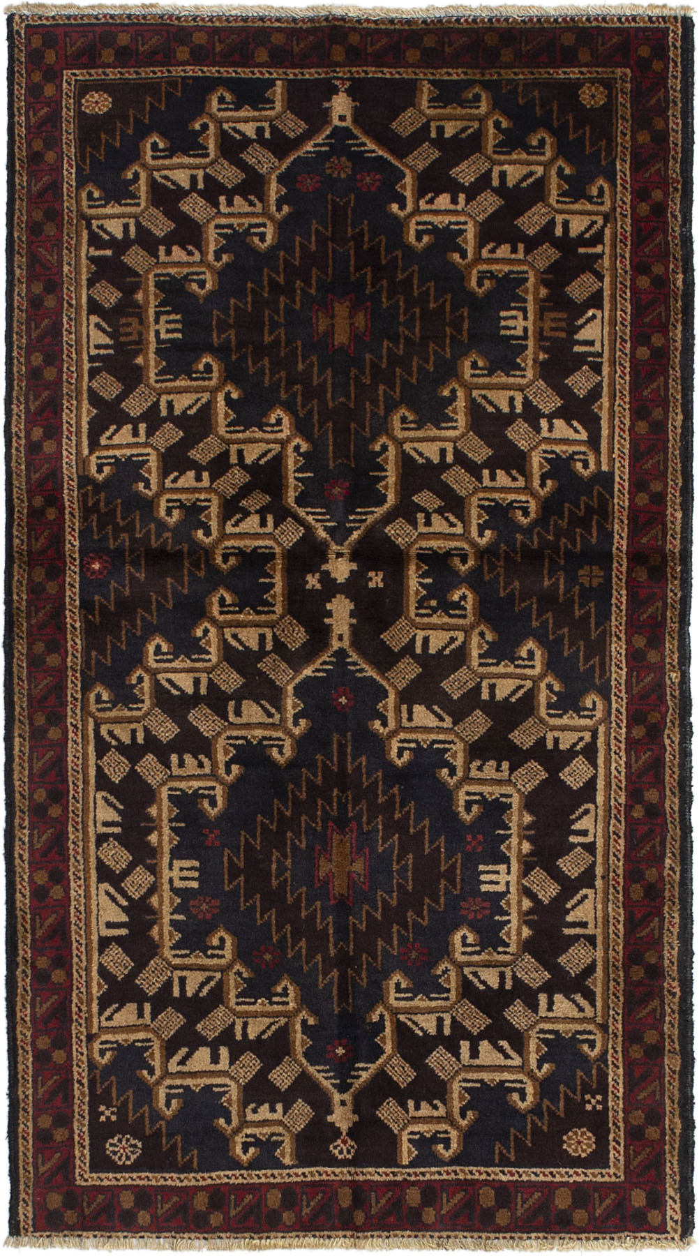 Hand-knotted Vintage Tribal Dark Brown Wool Rug 3'0" x 5'6" Size: 3'0" x 5'6"  