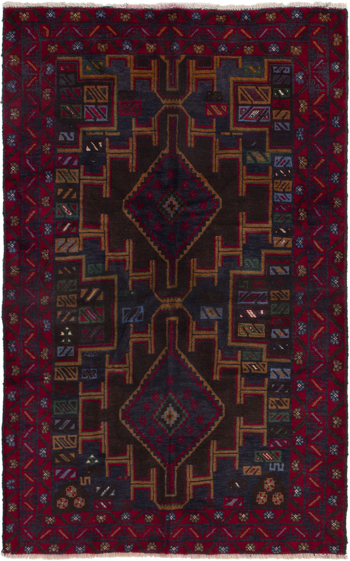 Hand-knotted Finest Rizbaft Dark Brown, Red Wool Rug 3'7" x 5'11" Size: 3'7" x 5'11"  