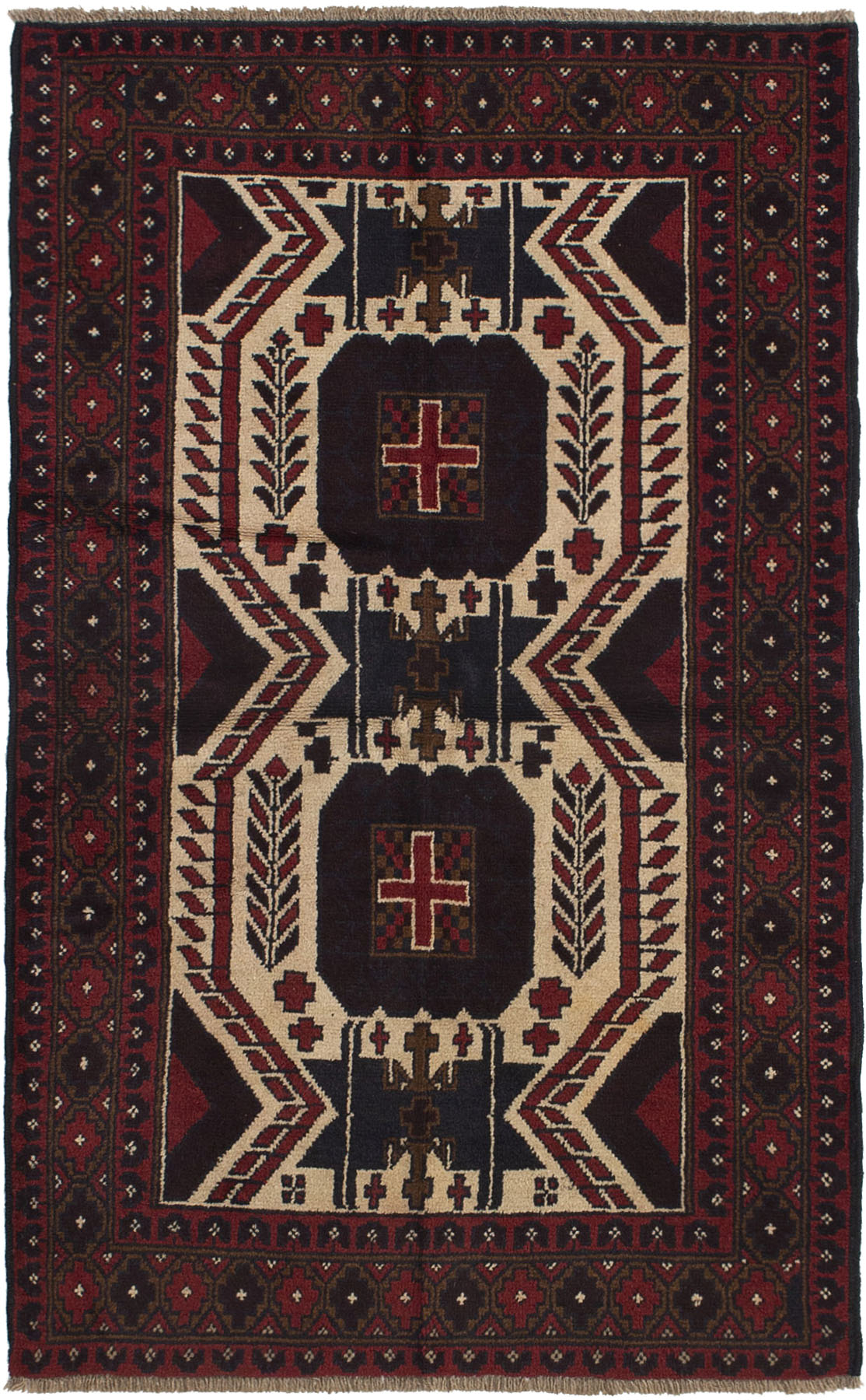 Hand-knotted Rizbaft Cream, Red Wool Rug 3'8" x 5'11" Size: 3'8" x 5'11"  
