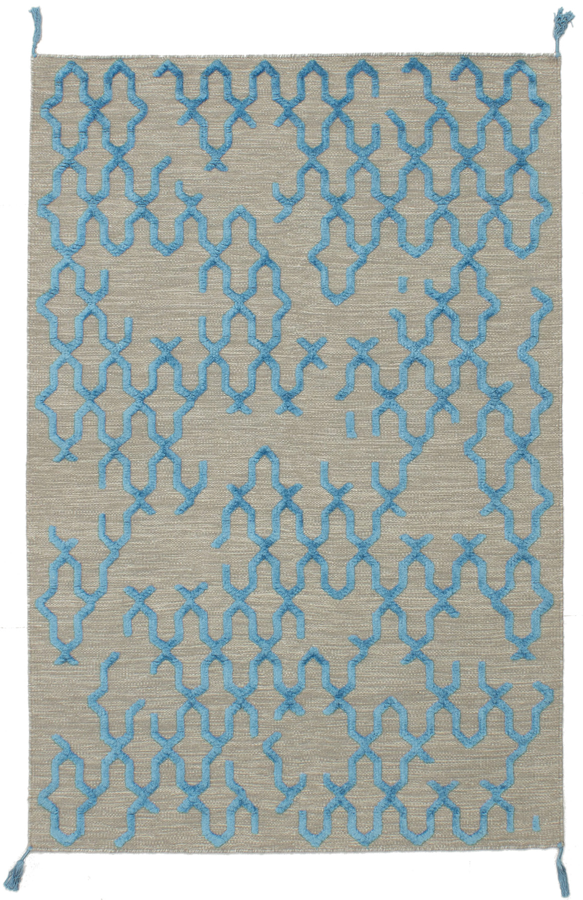 Hand woven Kalista Light Khaki, Sky Blue Wool/Silk Kilim 4'11" x 7'10" Size: 4'11" x 7'10"  