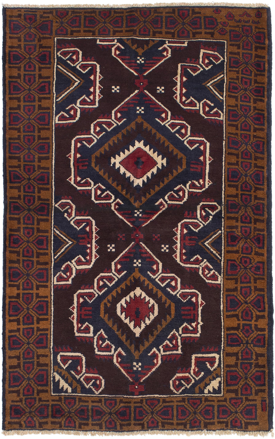 Hand-knotted Kazak Dark Burgundy Wool Rug 3'6" x 5'9" Size: 3'6" x 5'9"  