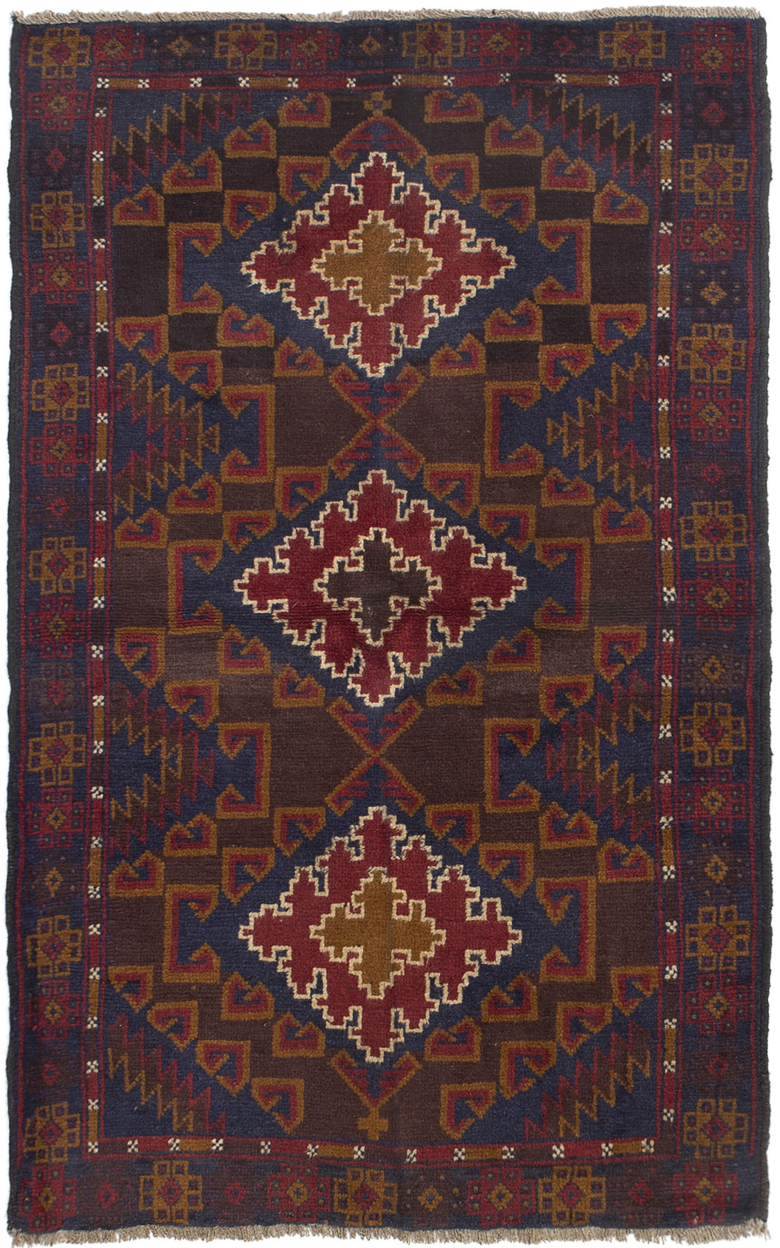 Hand-knotted Kazak Dark Navy, Red Wool Rug 3'4" x 5'7"  Size: 3'4" x 5'7"  
